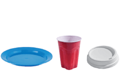 plastic plates, cups and coffee lids
