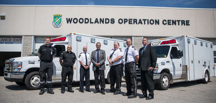 Left to right: Matthew Rivest, Lieutenant, St. John Ambulance Oakville-Milton and Halton Hills; Vince Cicero, Unit Chief, St. John Ambulance Oakville-Milton and Halton Hills; Greg Sage, Chief, Paramedic Services, Halton Region; Gary Carr, Halton Regional Chair; Trent Ralston, Volunteer Unit Chief, St. John Ambulance Burlington; Dan Butcher, Deputy Chief—Fleet, St. John Ambulance Burlington; Tim Bauer, Branch Manager, St. John Ambulance Oakville-Milton and Halton Hills.