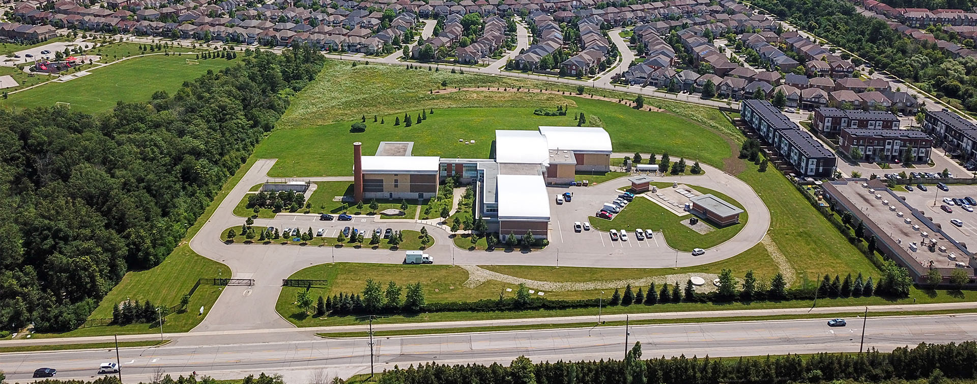 An aerial view of Burloak Wastewater Treatment Plant. 