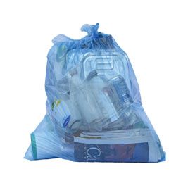 Blue clear recycling bag with recycling inside