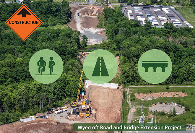 Aerial view of the Wyecroft Road and Bridge Extension Project construction while underway.