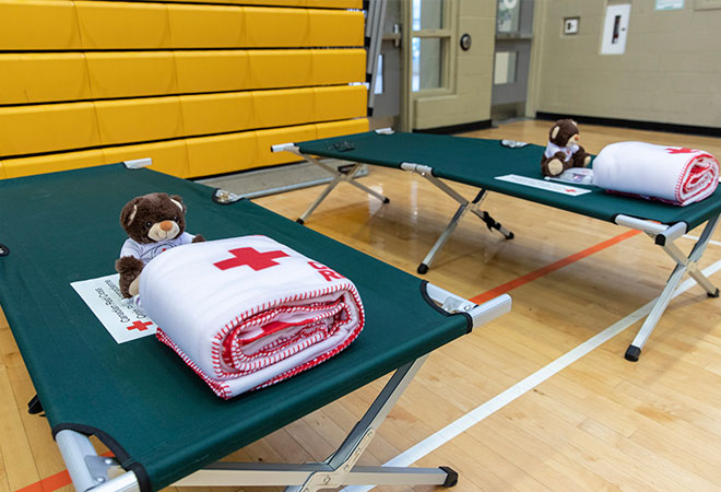 Photo of Canadian Red Cross cots with teddy bears and blankets.